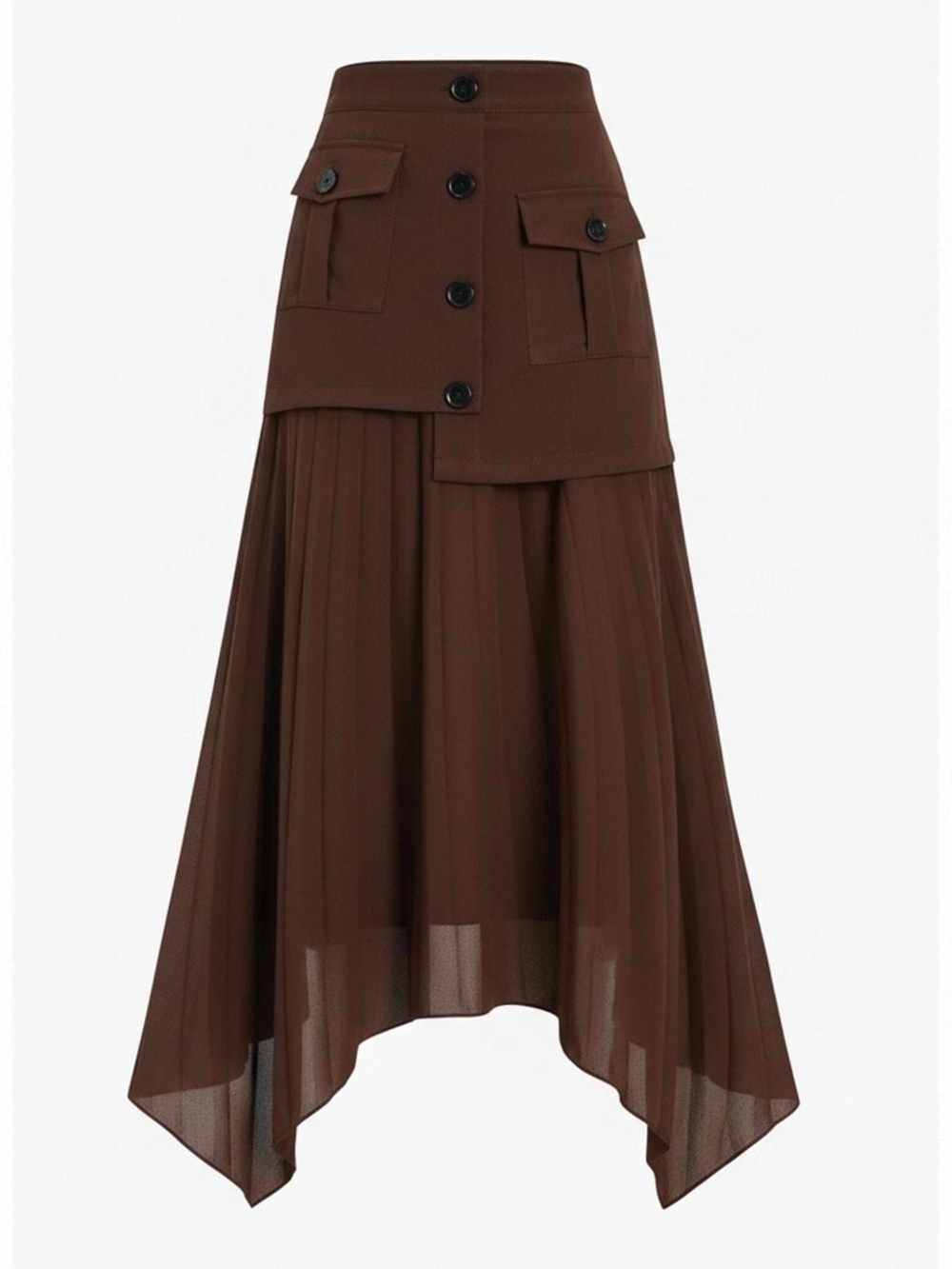 Commense Brown Asymmetrical Pleated Midi Skirt - Picture 2 of 8